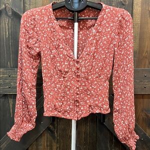 Abercrombie Ditsy Floral Button Front Babydoll Top S Smocked Ruffle Boho Sleeves